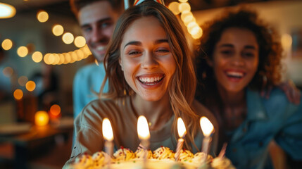 A joyous young woman blows out candles on her birthday cake surrounded by friends in a festive, warmly lit room.