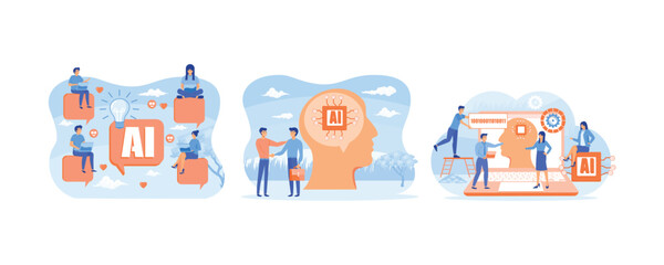 Fototapeta premium People chatting with AI chat bot and get smart solution. Business industry robot factory concept Robotic system control put AI. Brain with neural network on laptop and scientists. 