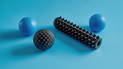 On a vibrant blue backdrop you ll find a trio of essentials for myofascial release balls a hand massager and a foam roller These are the go to tools for indulging in some much needed self m