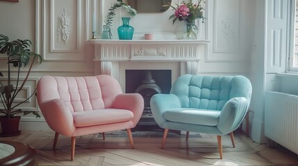 Two Sofa Pink and Cyan Blue in Living Room