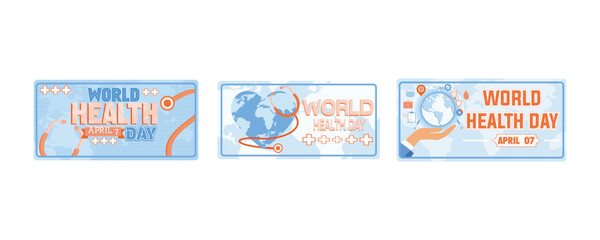 World Health Day. World health day lettering with earth heart and stethoscope. World Health Day is a global health awareness day celebrated every year on 7th April. Set flat vector modern illustration