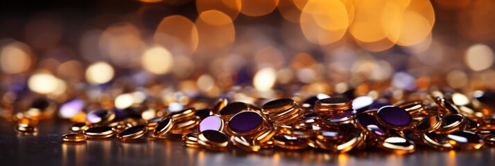 Gleaming Gold Coins and Jewels on Reflective Surface