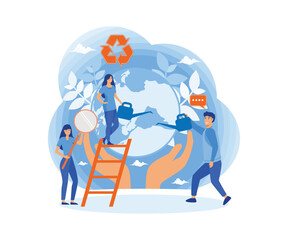 Group of people or ecologists taking care of Earth for web banner, infographics, mobile website. Environmental protection, renewable energy. flat vector modern illustration