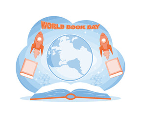 World book day poster world globe character and book. flat vector modern illustration