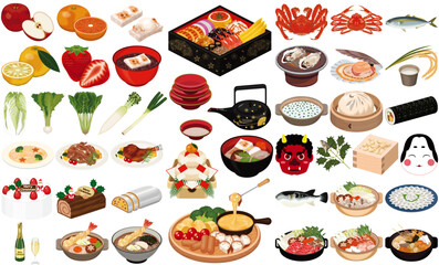 冬の味覚・料理のアイコン①（おせち、お雑煮、年越しそば、ローストチキン、クリスマスケーキ）