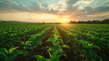Early morning sunrise casting a golden glow over a lush green cornfield, with rows extending to the horizon.