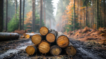 A pile of freshly cut wooden logs in a misty forest, depicting forestry and wood industry activities.