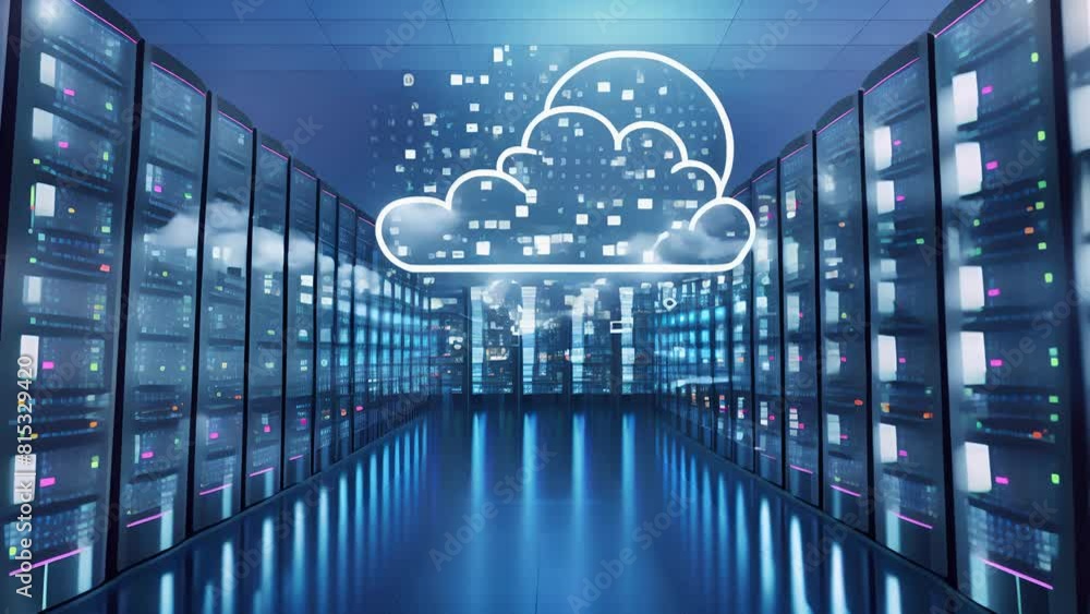 Poster cloud computing concept, high speed servers streaming data to a cloud, symbolic visual
