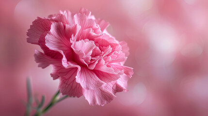 A close-up of a pink carnation with ruffled petals against a blurred pink background, symbolizing softness and purity.