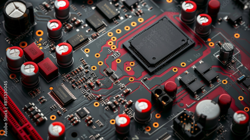 Poster close-up view of a red circuit board with various electronic components, showcasing intricate techno