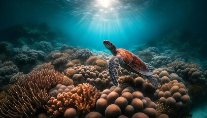 Naklejka premium A photograph of a sea turtle swimming over soft coral in the Krabibi Sea.