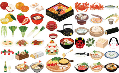 冬の味覚・料理のイラスト①（おせち、お雑煮、年越しそば、ローストチキン、クリスマスケーキ）