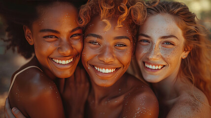 a group hug, close-up of several people embracing, details of smiling faces and interlocked arms,generative ai