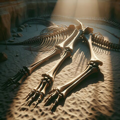 The image shows the very long leg bones of a Brachiosaurus lying on the sandy surface of the excavation. Sunlight shone on the skeleton.