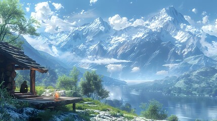 Fototapeta premium Tranquil Alpine Cabin Retreat with Scenic Mountain View