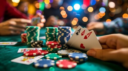 Fototapeta premium Friends playing poker, gambling and fun
