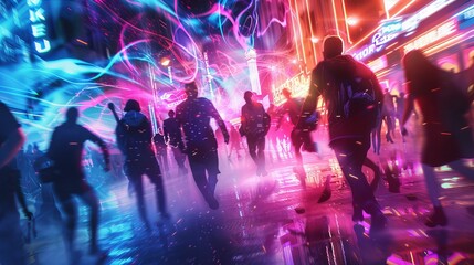 People walking in a busy street with colorful lights at night.