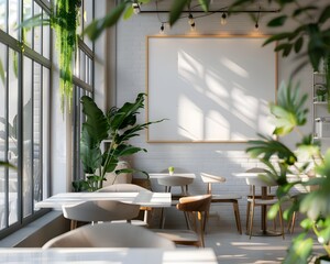 Fototapeta premium Crisp Minimalist Cafe Space with Bright Coastal Ambience and Natural Greenery for Product Presentation