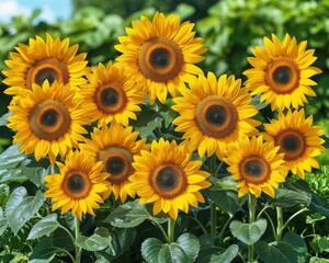 Vibrant Cluster of Sunflowers Thriving in a Lush Green Garden Background