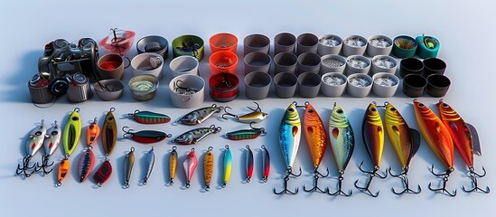 Obraz premium Assorted Fishing Lures and Hooks Arranged Neatly with High Contrast Lighting on a Plain Background in a Product Catalog Style