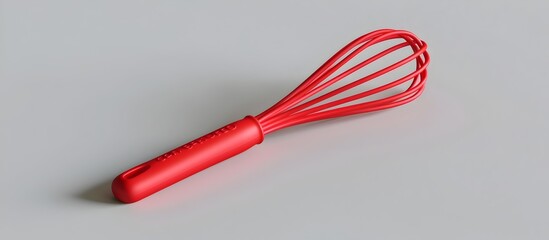 Vibrant Red Silicone Kitchen Whisk on Light Gray Backdrop with Minimalist Composition and Sharp Focus