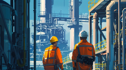 Diligent Duo Two experienced engineers meticulously inspecting operations at the oil factory.