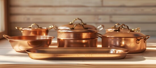 Assortment of Copper Colored Baking Pans and Dishes in Warm Rustic Kitchen Setting