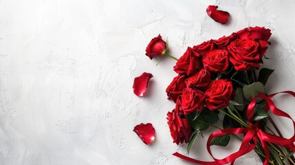 A stunning bouquet of vibrant red roses elegantly adorned with a ribbon set against a pristine white backdrop