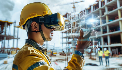 Construction Worker Managing Site with Advanced VR Tech