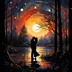 Romantic Sunset Encounter in Enchanted Forest