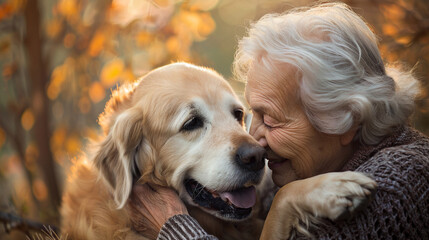 Elderly Bliss with Dog Pure happiness of a senior enhanced by their dogaEUR(tm)s companionship.