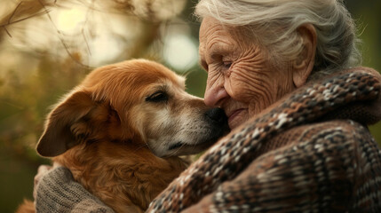 Elderly Bliss with Dog Pure happiness of a senior enhanced by their dogaEUR(tm)s companionship.