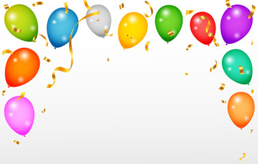 Balloons header background. Party card with colourful balloons. Birthday background with realistic balloons. Balloons header background