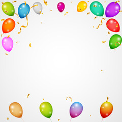 Balloons header background. Party card with colourful balloons. Birthday background with realistic balloons. Balloons header background