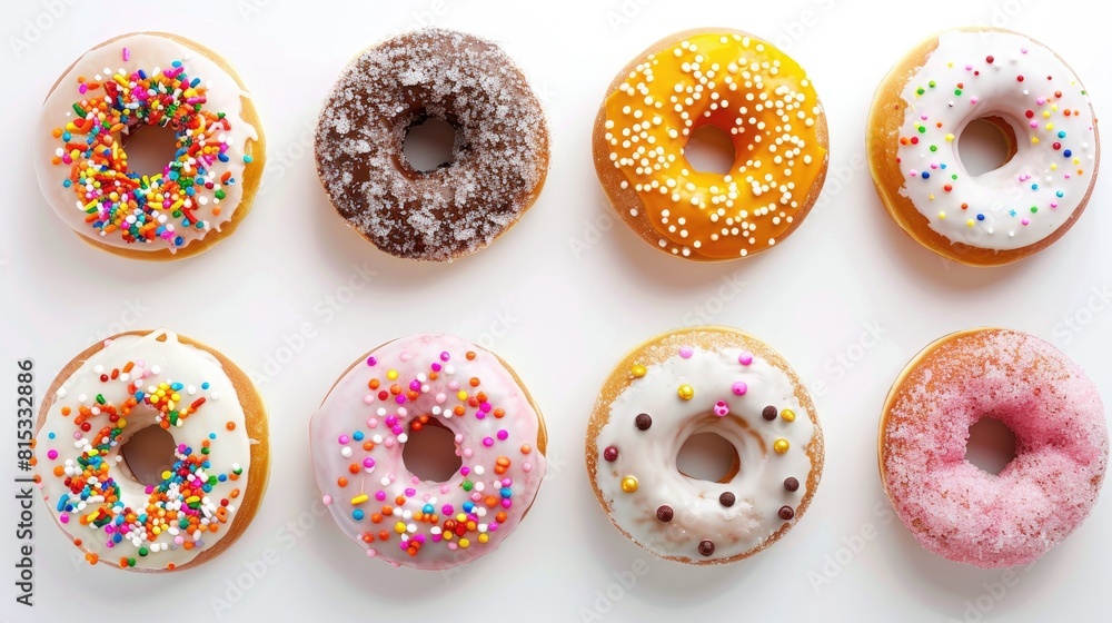 Poster A variety of donuts adorned with vibrant sprinkles displayed against a white backdrop