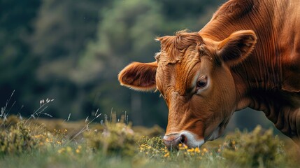 A brown cow grazing in a close up shot - Powered by Adobe
