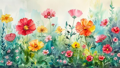 Vibrant watercolor scene of a blooming garden, showcasing a variety of summer flowers and plants in full glory