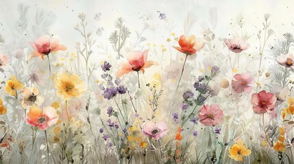 A delicate watercolor tapestry of wild spring flowers swaying gently in a breezy meadow