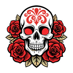 Artwork portraying a skull and roses intertwined with decorative elements like scrolls and flourishes, inspired by old-school tattoo designs