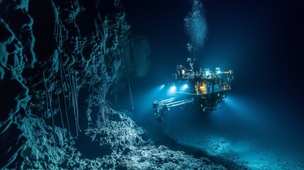 This detailed underwater image illustrates the innovative technology of deep sea mining, featuring a remotely operated vehicle (ROV) extracting minerals from the ocean floor. Experience the sophistica