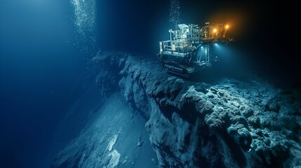 This detailed underwater image illustrates the innovative technology of deep sea mining, featuring a remotely operated vehicle (ROV) extracting minerals from the ocean floor. Experience the sophistica