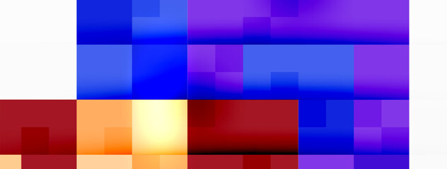 A colorful geometric pattern featuring hues of electric blue, magenta, and violet in a symmetrical arrangement of rectangular shapes on a white background