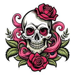 Artwork portraying a skull and roses intertwined with decorative elements like scrolls and flourishes, inspired by old-school tattoo designs