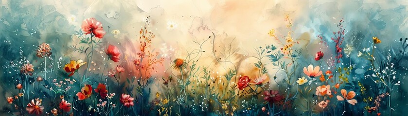 Dreamy watercolor landscape of a serene summer meadow, rich with a tapestry of flowers and verdant plants