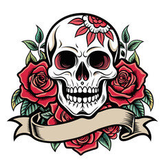 Artwork portraying a skull and roses intertwined with decorative elements like scrolls and flourishes, inspired by old-school tattoo designs