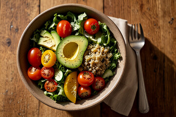 Salad bowl filled with fresh ingredients such as mixed greens, cherry tomatoes, cucumbers, avocado slices, bell peppers, and quinoa, topped with a light vinaigrette dressing