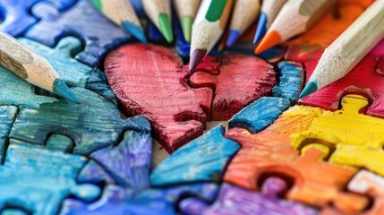 On World Autism Awareness Day let s envision the beautiful image of a heart drawn with colorful pencils representing unity and support for individuals on the spectrum This heart like a puzz