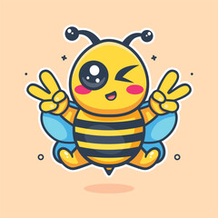 funny bee animal character mascot with peace sign hand gesture isolated cartoon 