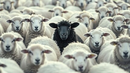 Obraz premium A black sheep among a flock of white sheep