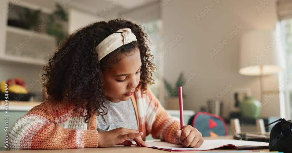 Aufkleber Girl, homework and book in kitchen with writing for child development or responsible with learning. Growth, studying and critical thinking at table for english class with knowledge for project.